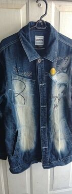 LOT 29 RARE / MENS AIR BUSHED CARTOON CHARACTER BUTTON FRONT DENIM JACKET LG